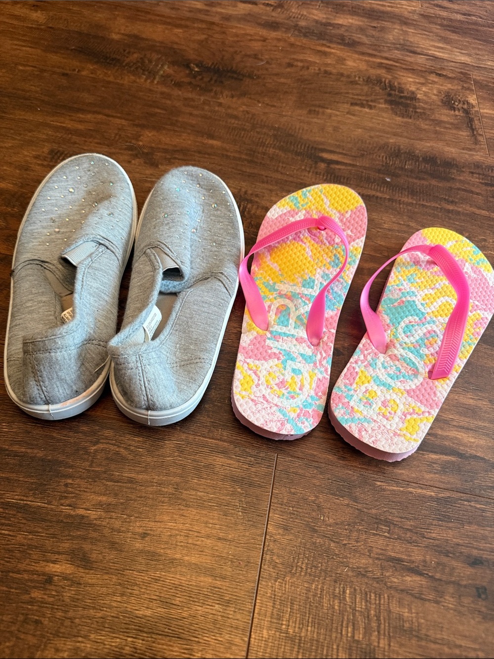 Girls' Pink Multicolor Flip Flops  and bejeweled gray sneakers